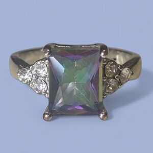MYSTIC RAINBOW Ring Silver tone CZ 1 Large Stone, 6 Small Stones 4.2g Size 9